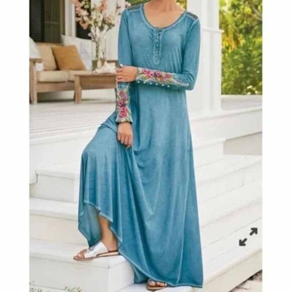 Soft Surroundings Dress Sz Petite Large Blue Embroidered Maxi Boho Crochet - Picture 1 of 13